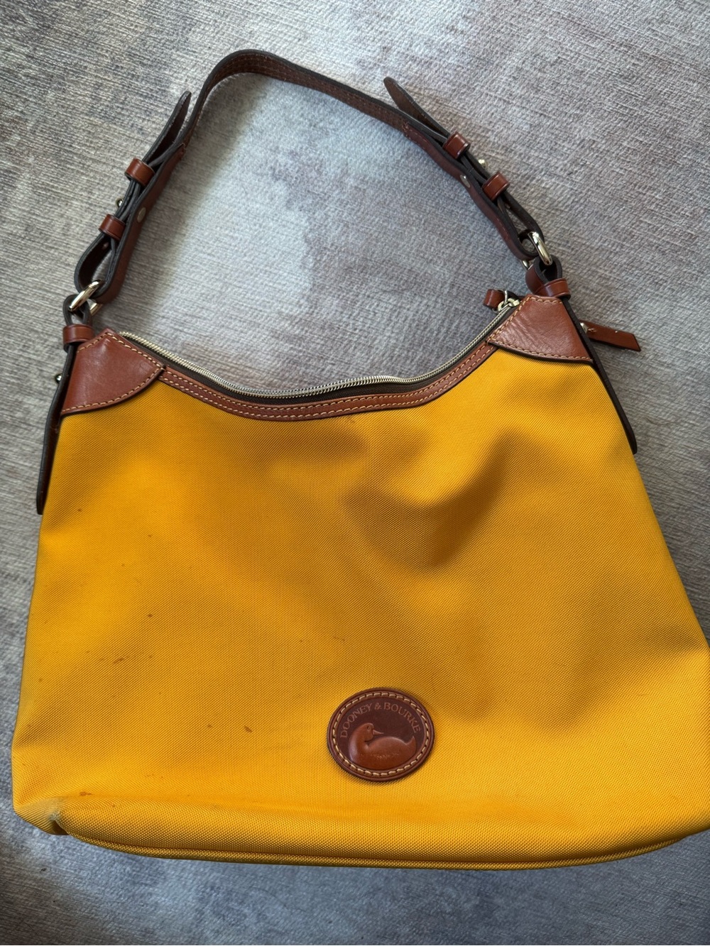 Dooney & Bourke Yellow Canvas Shoulder Bag with Brown Leather Trim